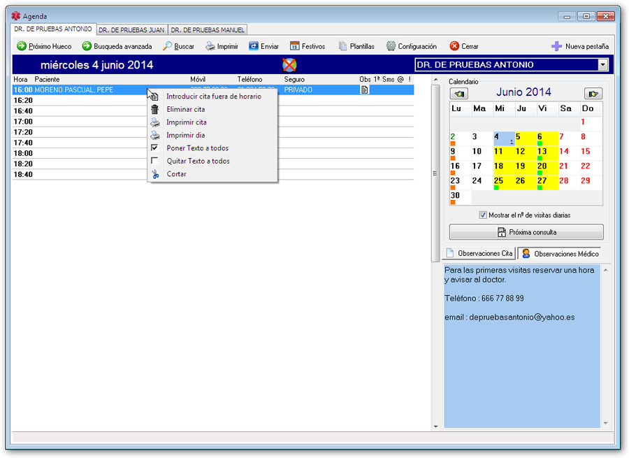 Menu contextual en la agenda médica