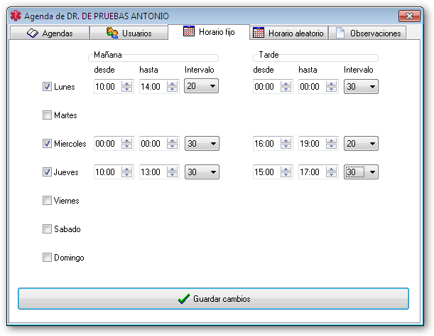 Configuración del horario de la agenda medica