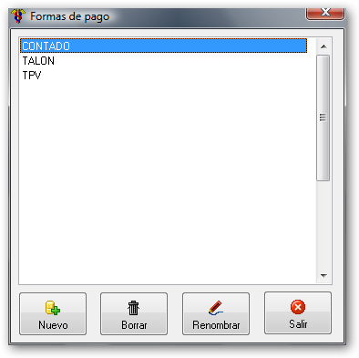Pantalla de formas de pago
