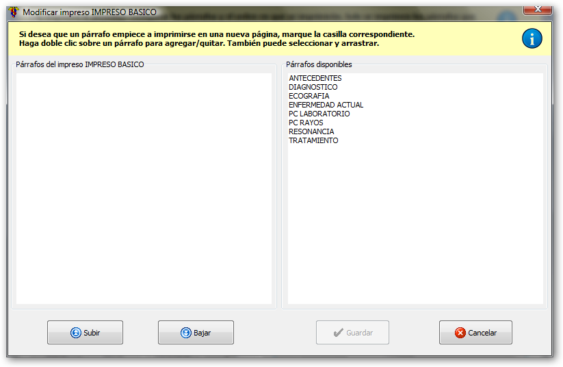 Modificar impresos del informe médico