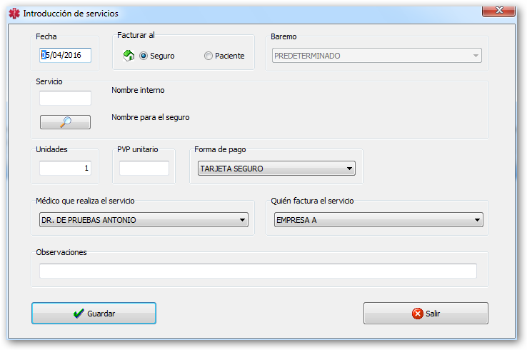 Pantalla para introducir un servicio