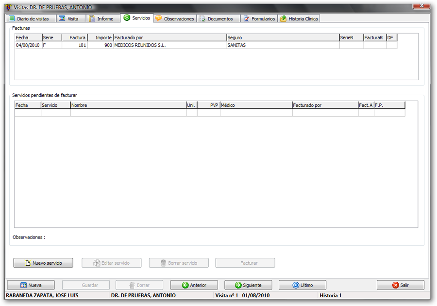 Pantalla de servicios con factura emitida